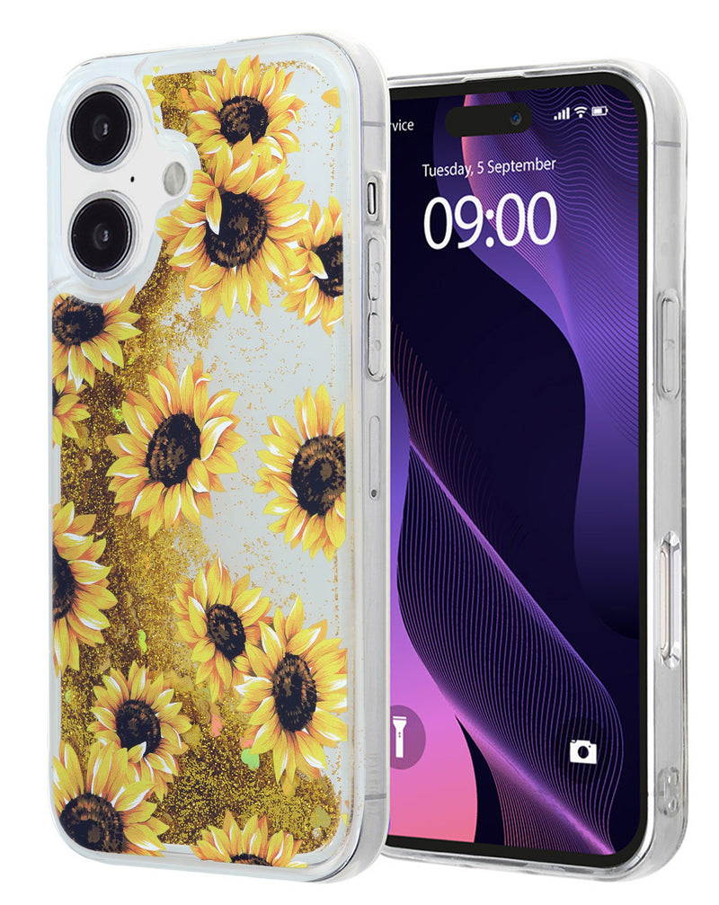 Encuentra la tapa trasera Liquid Quicksand Glitter SUNFLOWER para iPhone 16 Plus en Guatemala.