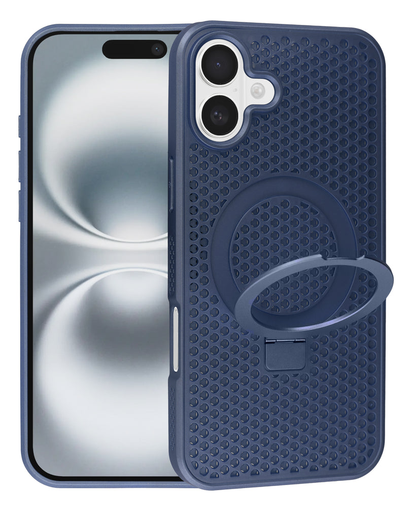 Case de disipación térmica con soporte para iPhone 16 Plus en color azul en Guatemala.