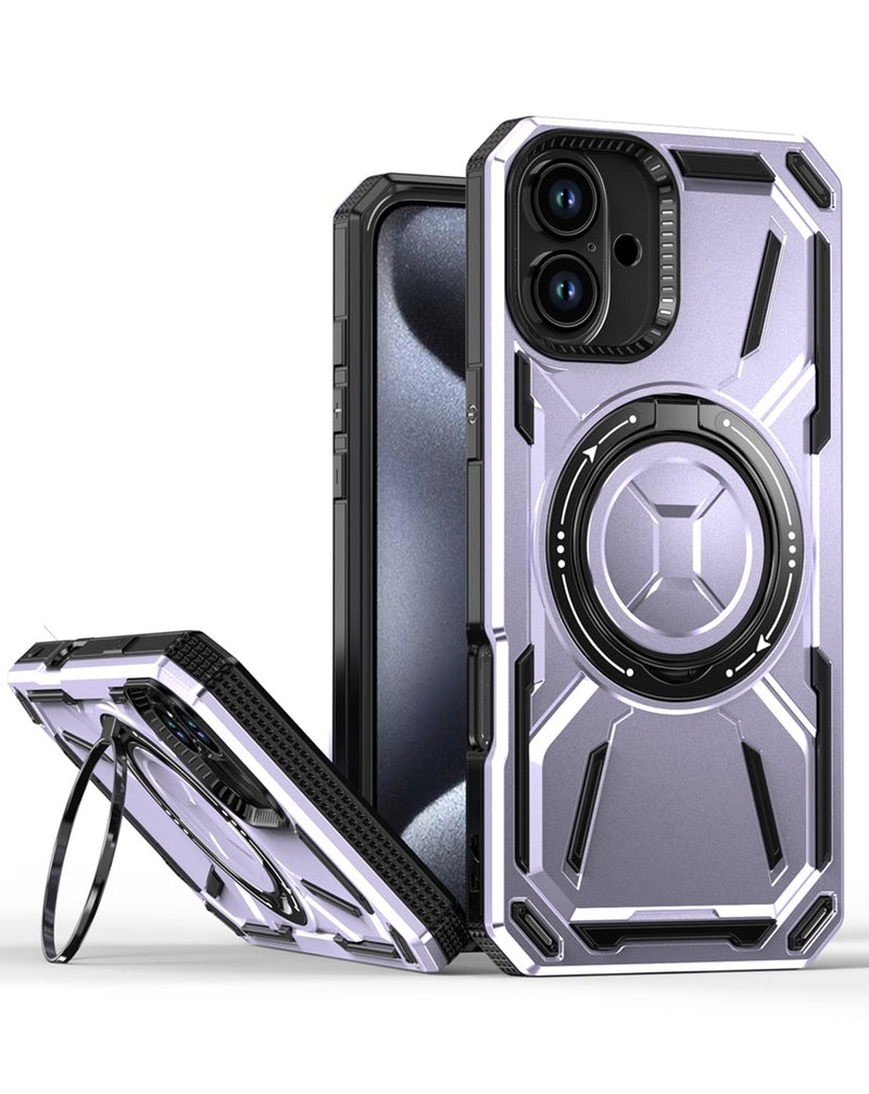 Protector antichoque con soporte de anillo para iPhone 16 Plus en color morado, disponible en Guatemala para compra al mayor.