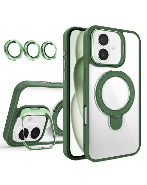 Case magnético transparente con 2 soportes y lente de cámara para iPhone 16 Plus en Guatemala, ideal para proteger tu dispositivo y mejorar la calidad de tus fotos.