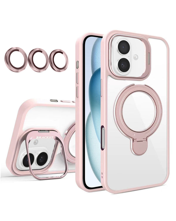 Encuentra la funda clear magnética con 2 soportes y lente de cámara para iPhone 16 Plus en Guatemala con envío rápido.