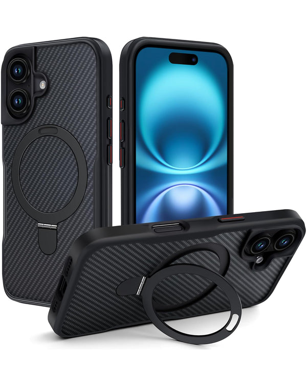 Protege tu iPhone 16 Plus con estilo con esta funda de fibra de carbono con soporte magnético en Guatemala.