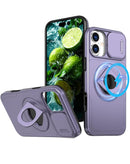 Estuche con soporte anular y cubierta deslizante para lente de camara iPhone 16 Plus PURPLE