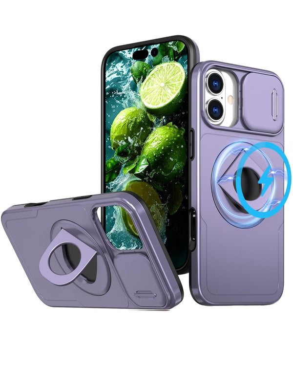 Estuche con soporte anular y cubierta deslizante para lente de camara iPhone 16 Plus PURPLE