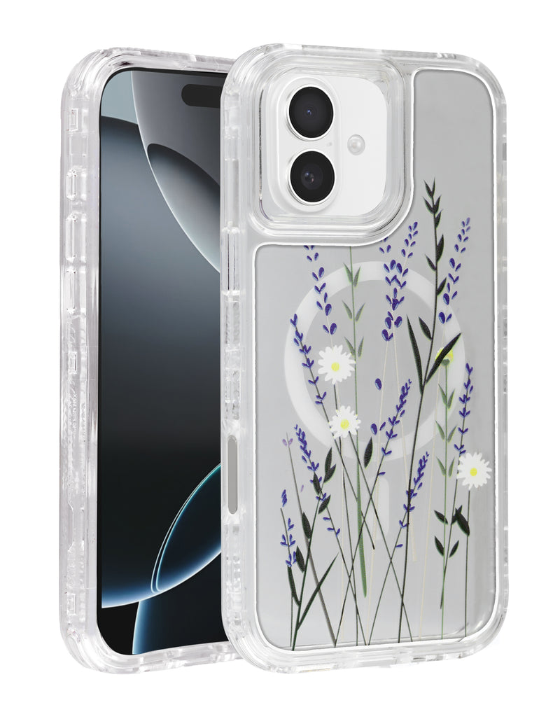 Compra la tapa trasera transparente con diseño de flores y cargador inalámbrico para iPhone 16 Plus en Guatemala.