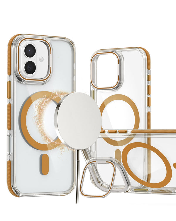 Funda magnetica transparente con soporte de camara y patilla para iPhone 16 Plus en Guatemala.