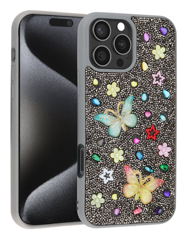 Encuentra la mejor Funda Butterfly Glitter Rhinestone Gris para iPhone 16 Pro en Guatemala a precios de mayorista.