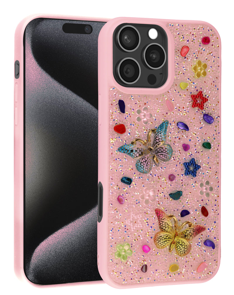 Protector de mariposa con brillos y pedrería en color morado claro para iPhone 16 Pro en Guatemala.