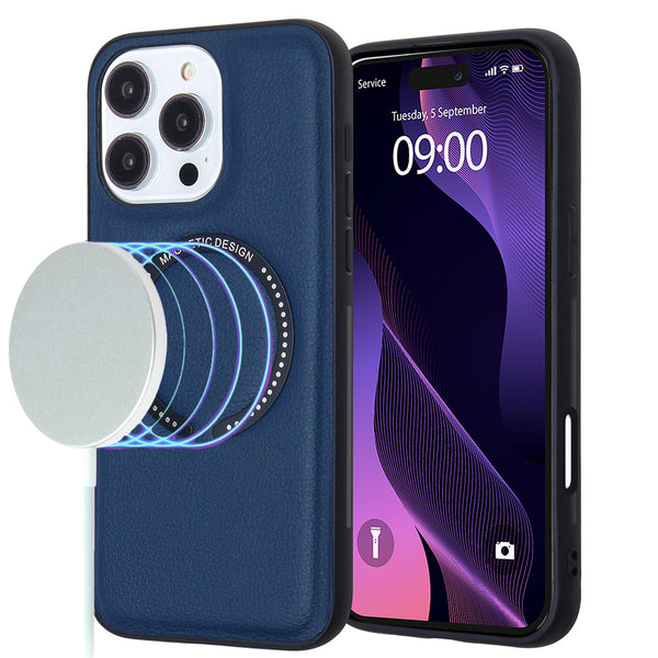 Encuentra la mejor funda de cuero con carga inalámbrica Navy Blue para iPhone 16 Pro y 17 en Guatemala con SlowBack.