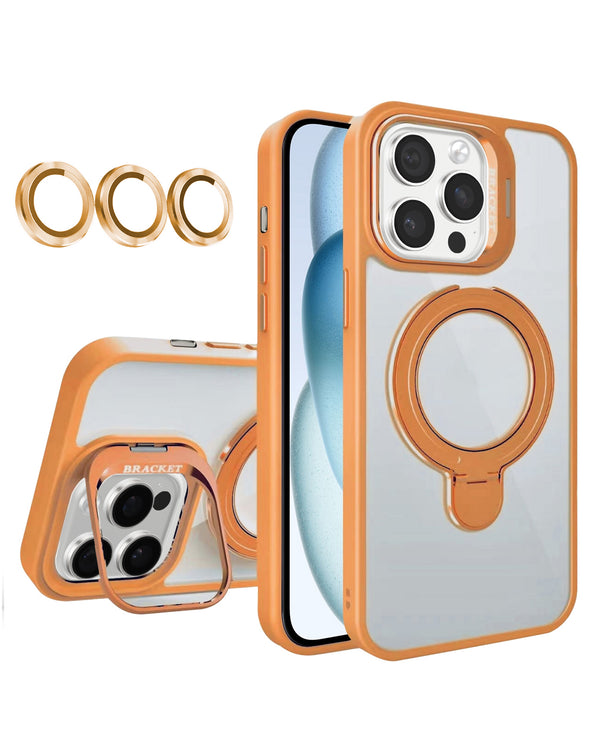 Funda transparente magnética con 2 soportes y lente de cámara para iPhone 16 Pro en color naranja, ideal para protección y apoyo en Guatemala.