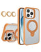 Funda transparente magnética con 2 soportes y lente de cámara para iPhone 16 Pro en color naranja, ideal para protección y apoyo en Guatemala.