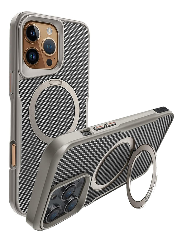 Carcasa con soporte magnético de fibra de carbon para iPhone 16 Pro en Guatemala.