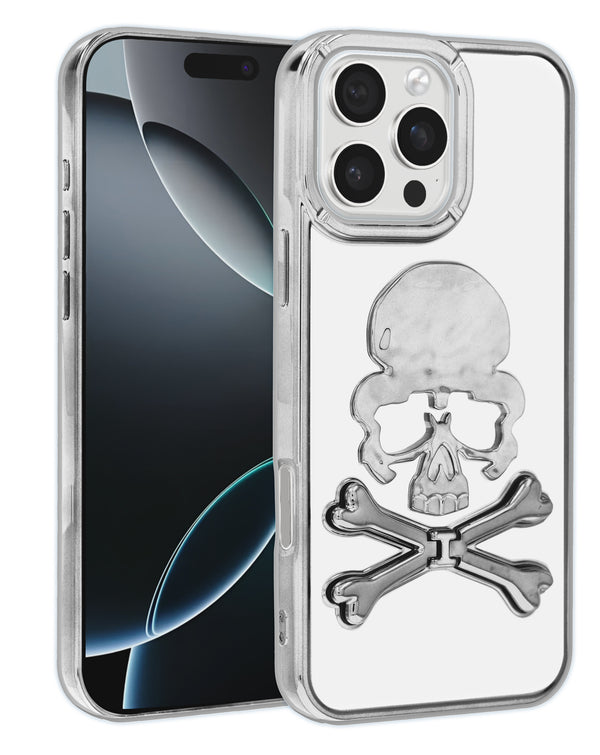 Protege tu iPhone 16 Pro/17 plateado con esta funda transparente con diseño de calavera en Guatemala.
