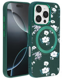 Encuentra en Guatemala el case de carga inalámbrica con diseño de flores para iPhone 16 Pro / 17 en color verde oscuro.