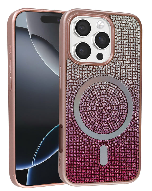 Funda de carga inalámbrica con diamantes de cristal bling en ROSE GOLD para iPhone 16 Pro en Guatemala.
