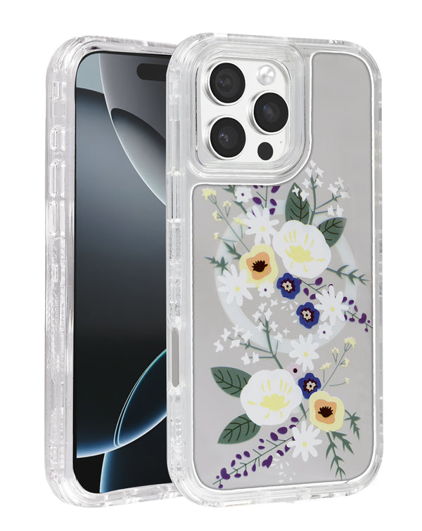 Encuentra la funda transparente con diseño de flores y cargador inalámbrico para iPhone 16 Pro en Guatemala.