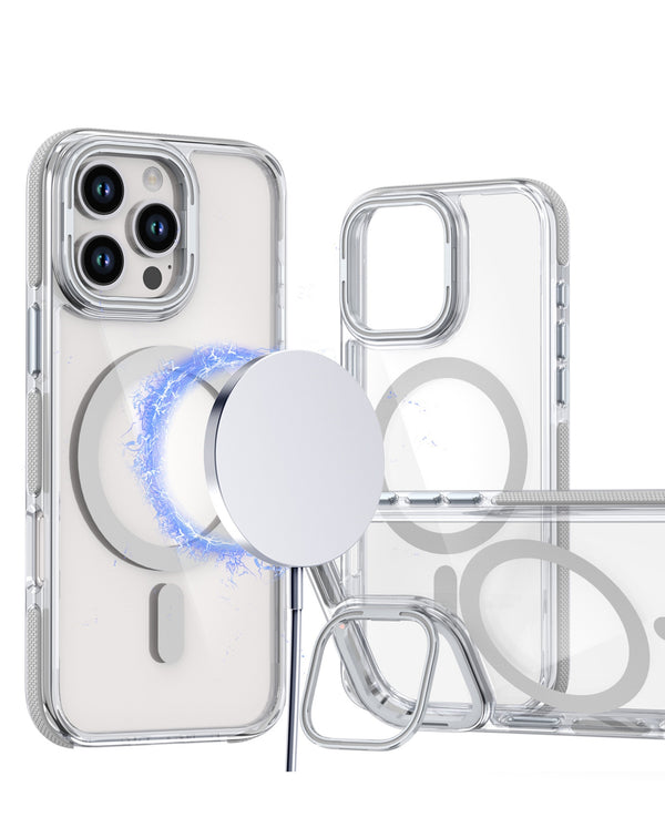 Encuentra en Guatemala el exclusivo case magnético clear con soporte de cámara y pata de apoyo para iPhone 16 Pro de SlowBack.