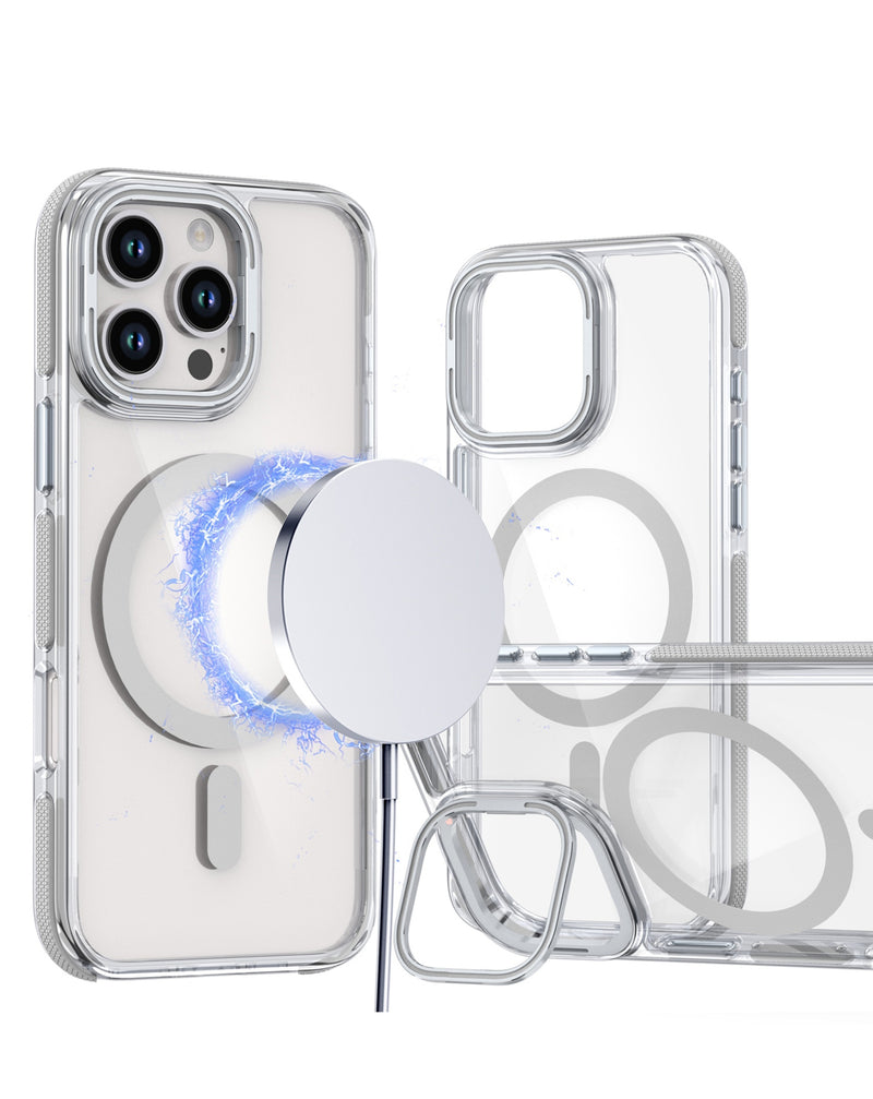 Encuentra en Guatemala el exclusivo case magnético clear con soporte de cámara y pata de apoyo para iPhone 16 Pro de SlowBack.