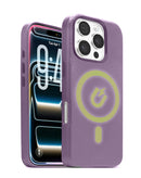 Funda de cuero morado claro con carga inalámbrica y chip IC para iPhone 16 Pro Max, vista frontal.