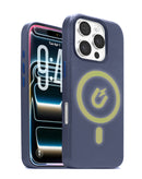 Funda de cuero azul marino SlowBack con cargador inalámbrico y chip IC para iPhone 16 Pro Max.