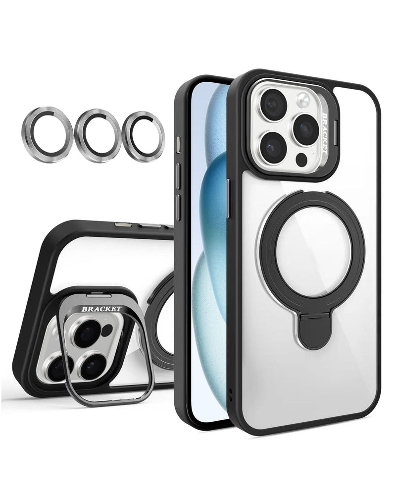 Encuentra la mejor funda magnética transparente con 2 soportes y lente de cámara para iPhone 16 Pro Max en Guatemala.