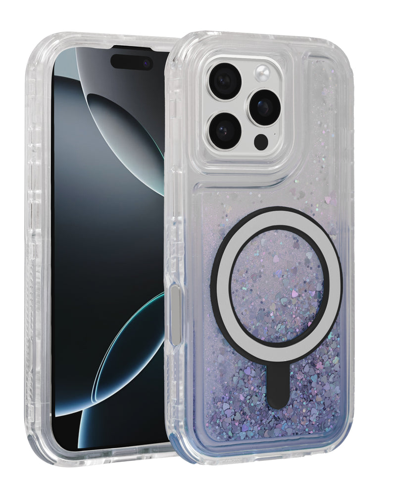 Encuentra la mejor funda protectora con carga inalámbrica para iPhone 16 Pro Max en Guatemala con glitter liquid bumper en color azul.