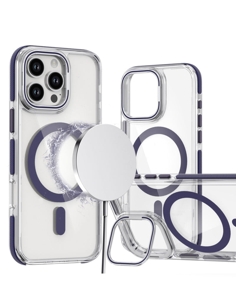 Encuentra la funda magnética transparente con soporte para cámara para iPhone 16 Pro Max en Guatemala, ideal para proteger tu dispositivo y resaltar su elegante color morado (Purple).