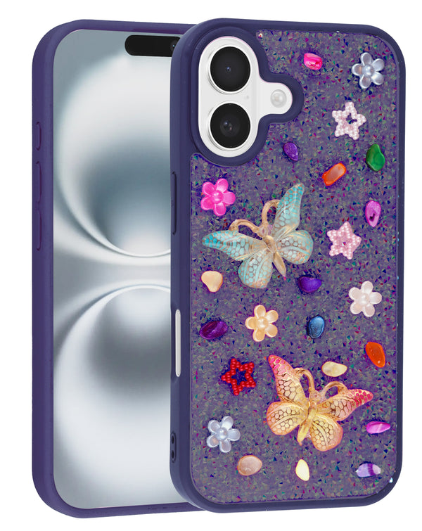 Encuentra la mejor funda decorativa para iPhone 17 en Guatemala con brillos de mariposa y etiquetas Slowback.