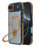 Funda transparente mate con soporte de carga inalámbrica para iPhone 17 en color naranja en Guatemala, disponible en mayoristas de accesorios para iPhone y talleres de reparación de celulares.