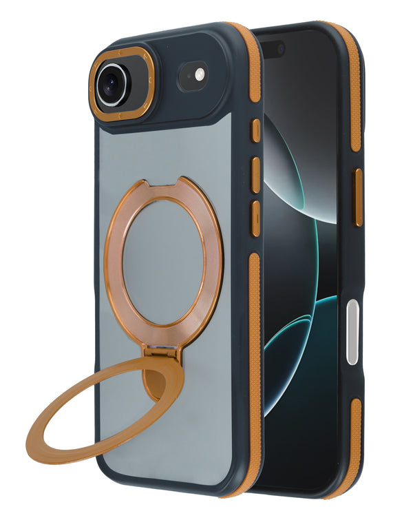 Funda transparente mate con soporte de carga inalámbrica para iPhone 17 en color naranja en Guatemala, disponible en mayoristas de accesorios para iPhone y talleres de reparación de celulares.