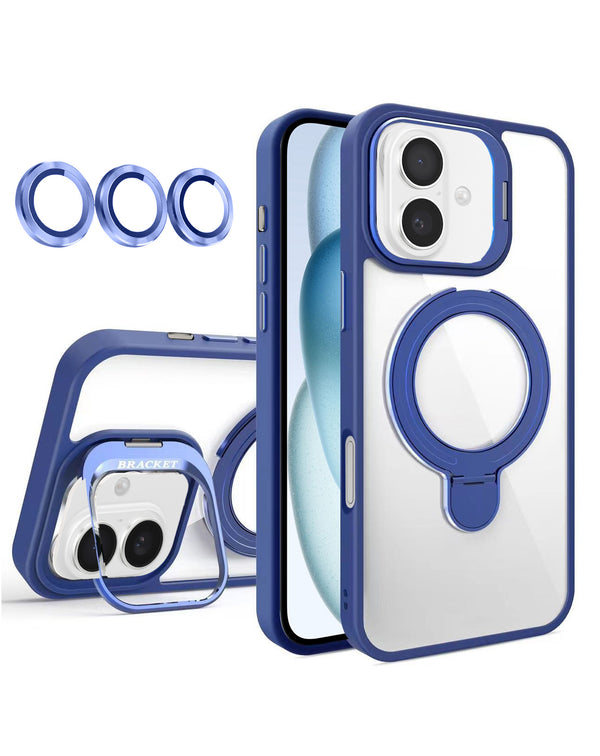 Funda transparente magnética con soportes y lente de cámara para iPhone 17 en Guatemala, disponible en color dark blue.