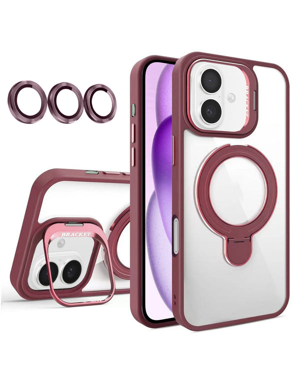 Funda magnética clear con 2 kickstand y lente de cámara para iPhone 17 en color rojo vino, ideal para proteger tu dispositivo en Guatemala.