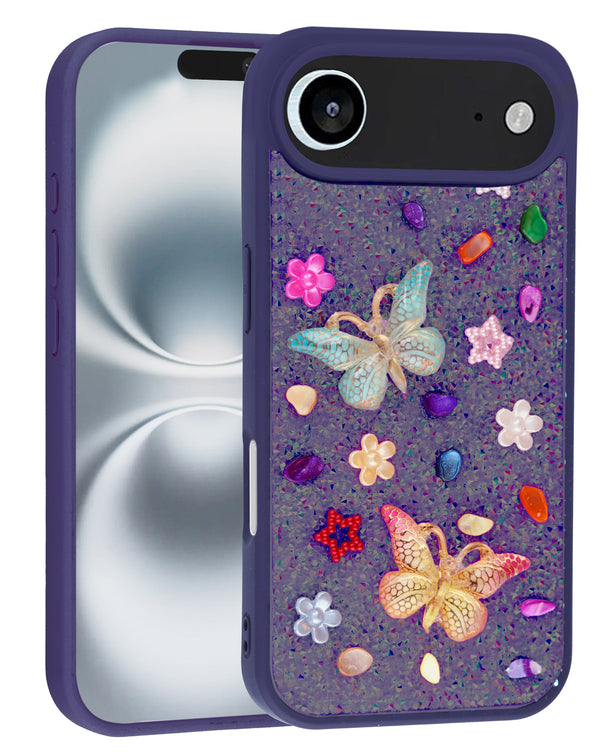 Tapa trasera con diseño de mariposa glitter y strass de color morado oscuro para iPhone Air en Guatemala.