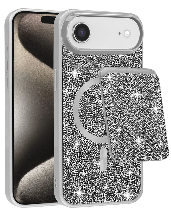 Protege tu iPhone Air con estilo y elegancia con la funda magnética Diamond doble capa en SILVER con ranura para tarjetas en Guatemala.