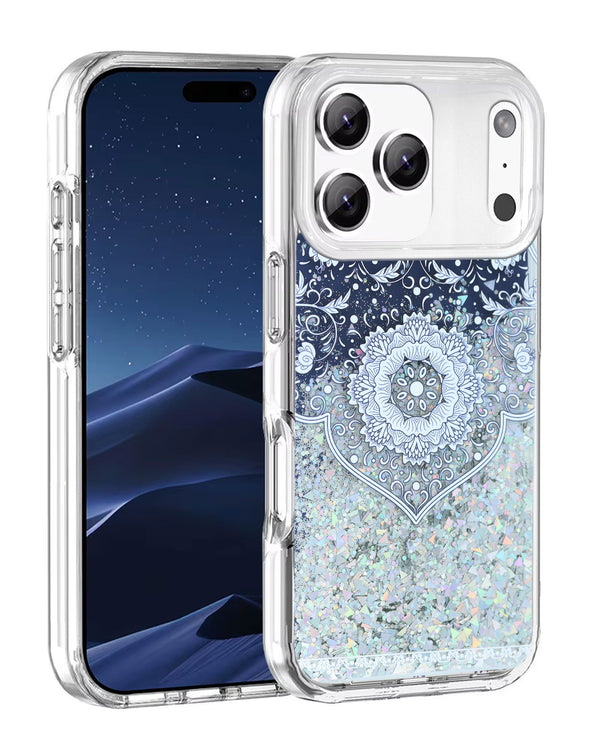 Tapa trasera Liquid Quicksand Glitter ETHNIC FLOWERS para iPhone 17 Pro disponible en Guatemala.