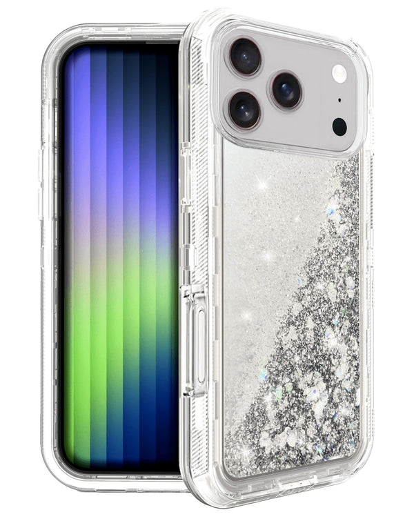 Protege tu iPhone 17 Pro con estilo con esta funda bumper de glitter líquido plateado, disponible en Guatemala.