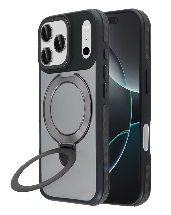 Encuentra la funda transparente mate con carga inalámbrica y soporte para iPhone 17 Pro en Guatemala, disponible en SlowBack, mayorista de accesorios para móviles.