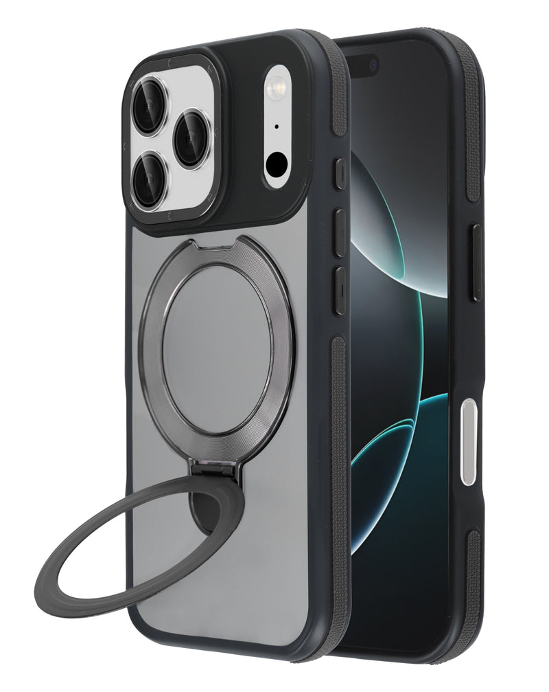 Encuentra la funda transparente mate con carga inalámbrica y soporte para iPhone 17 Pro en Guatemala, disponible en SlowBack, mayorista de accesorios para móviles.