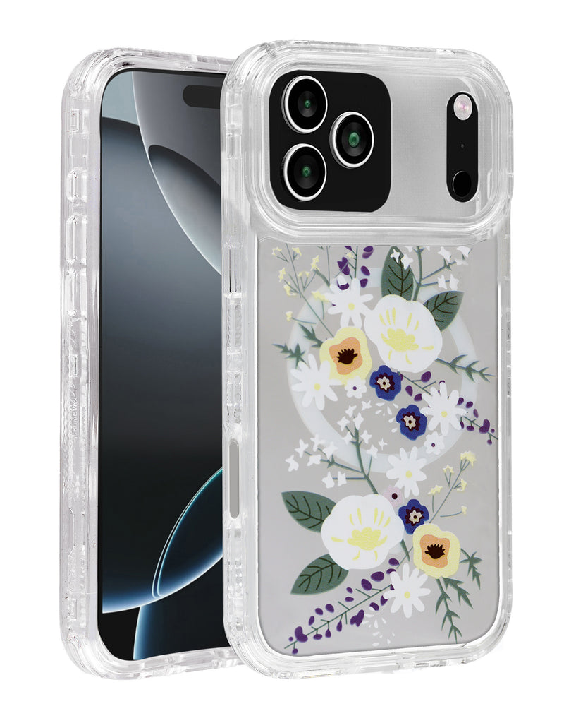 Funda transparente con cargador inalámbrico para iPhone 17 Pro en Guatemala, estilo Flower Design y etiquetas SlowBack.