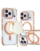 Protector transparente con soporte magnético para cámara de iPhone 17 Pro en color naranja, ideal para proteger tu teléfono en Guatemala.