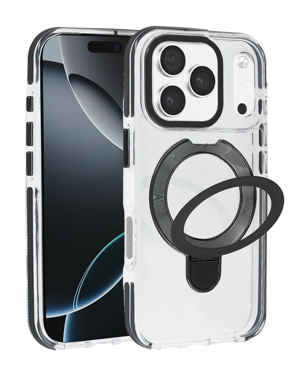 Protector transparente con carga inalámbrica y soporte para iPhone 17 Pro, disponible en Guatemala para accesorios de iPhone en talleres de reparaciones.