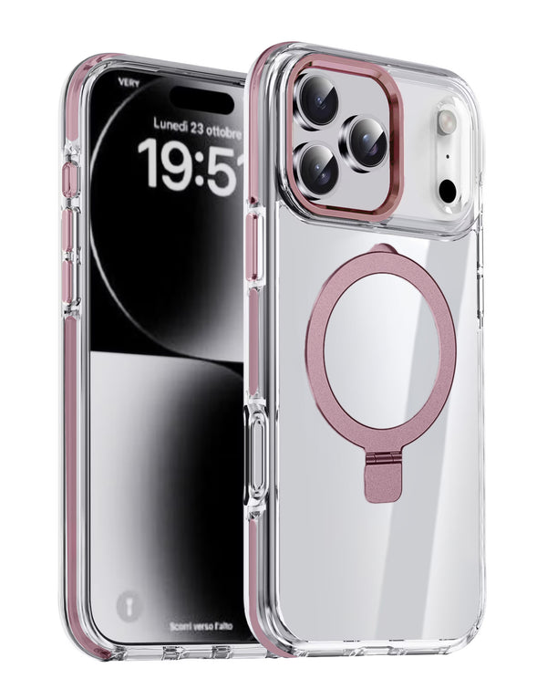 Funda transparente magnética con soporte para iPhone 17 Pro en color rosa en Guatemala.