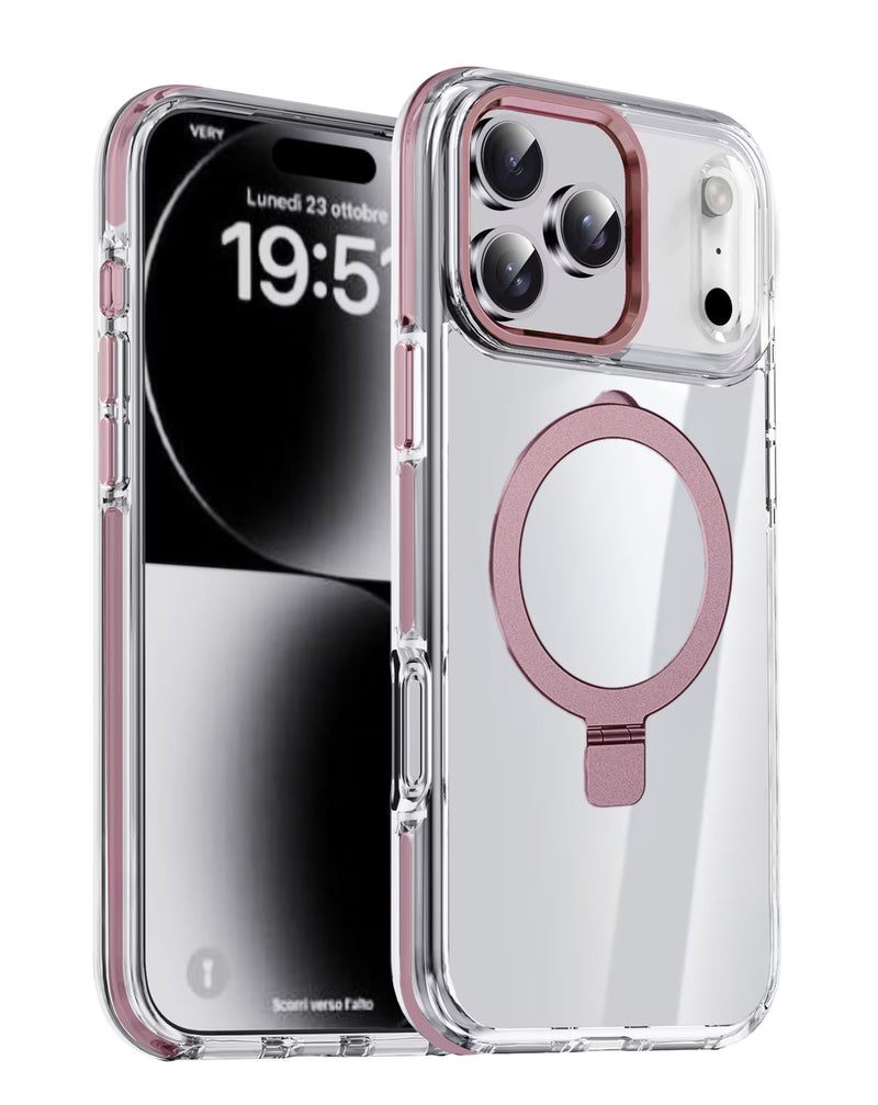 Funda transparente magnética con soporte para iPhone 17 Pro en color rosa en Guatemala.