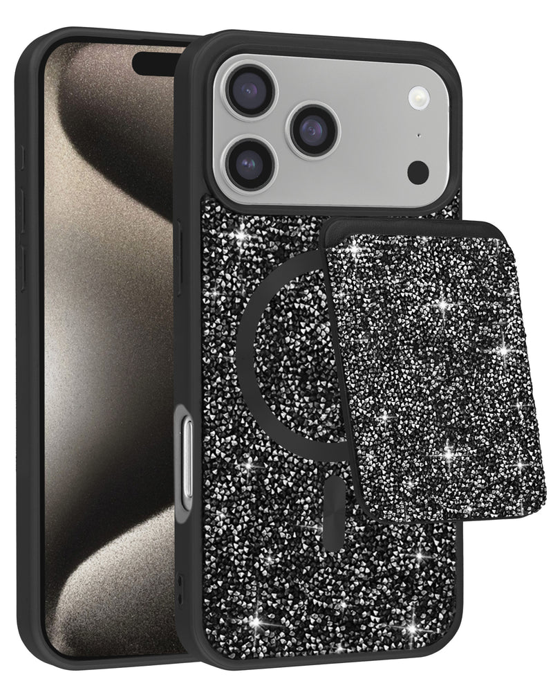 Encuentra la mejor Funda Magnetic Diamond para iPhone 17 Pro Max en Guatemala con ranura magnética para tarjetas en SlowBack, tu mayorista de accesorios iPhone.