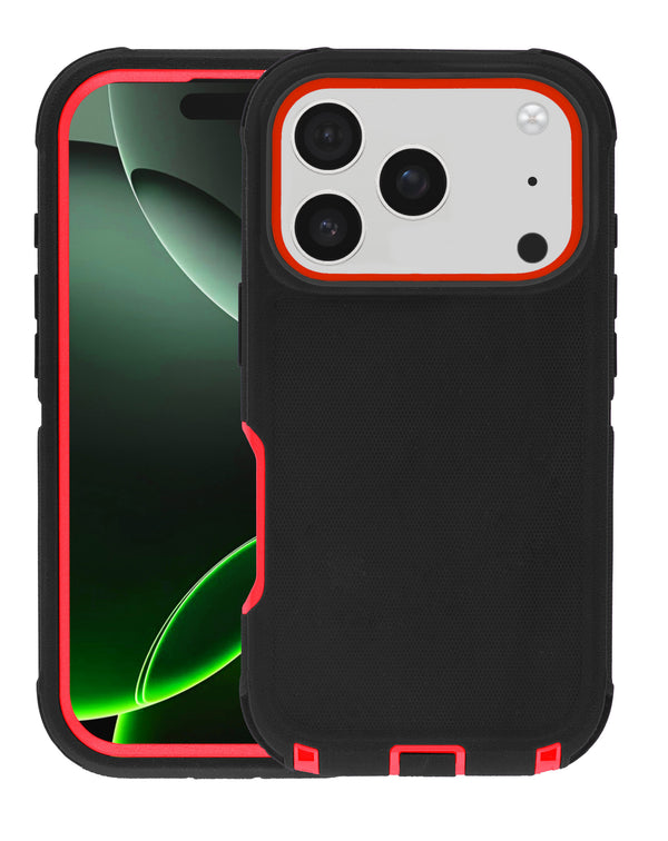 Encuentra la mejor funda protectora heavy duty para iPhone 17 Pro Max en Guatemala con este estiloso modelo en negro y rojo de SlowBack.