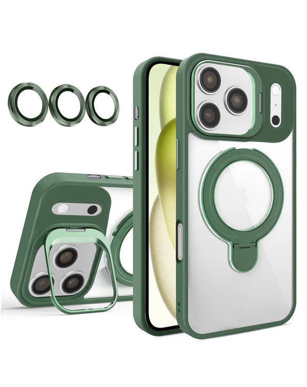 Funda transparente magnética con 2 soportes y lente de cámara para iPhone 17 Pro Max en Guatemala.