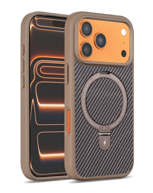 Compra el case magnético con soporte y fibra de carbono BROWN para iPhone 17 Pro Max en Guatemala.