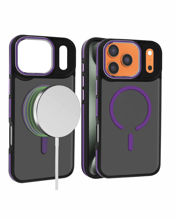 Encuentra en Guatemala el mejor case antideslizante slim mate translúcido con carga inalámbrica para iPhone 17 Pro Max en color púrpura.
