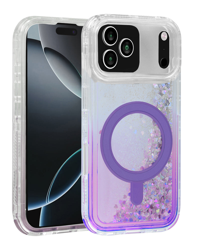 Encuentra la funda protectora con bumper líquido glitter y carga inalámbrica para iPhone 17 Pro Max en Guatemala.