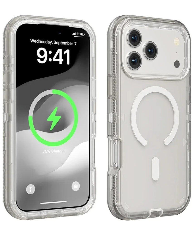 Funda transparente con carga inalámbrica y protección antiimpactos para iPhone 17 Pro Max en Guatemala.